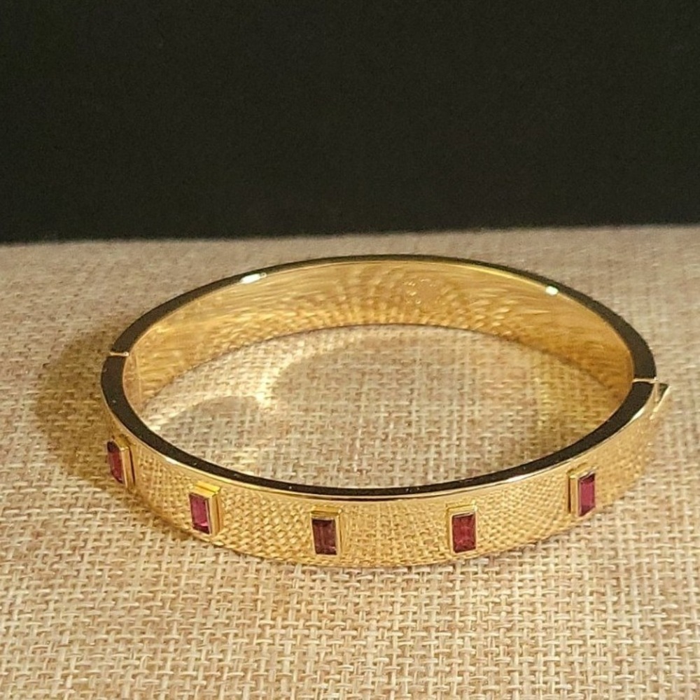 Lauren Ralph Lauren Gold Red Baguette Crystal Hinge Bangle Bracelet Old Money